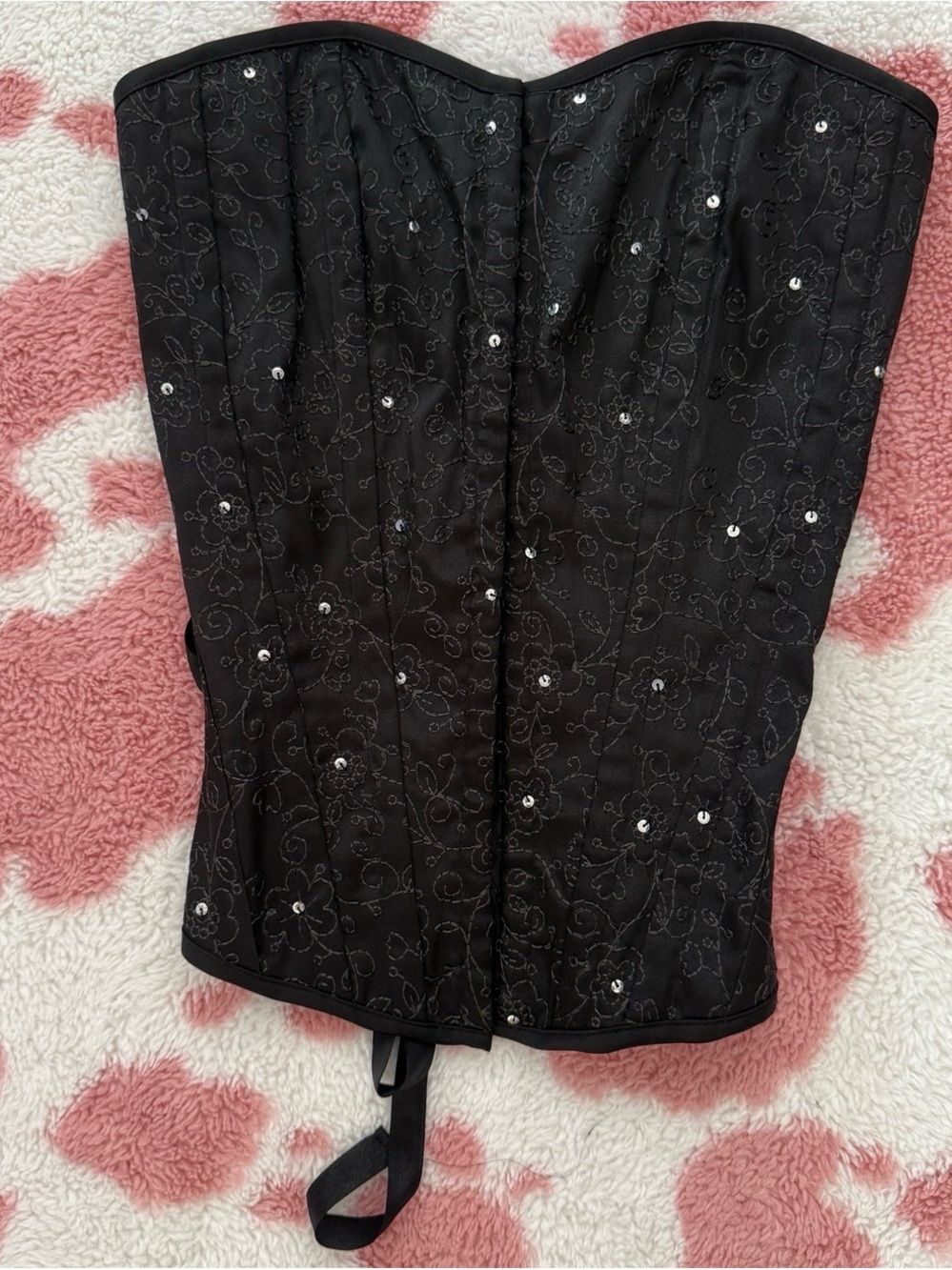 Vintage Y2K Black Corset Top W Floral Embroidery & Rhinestone 🖤 Gothic Coquette